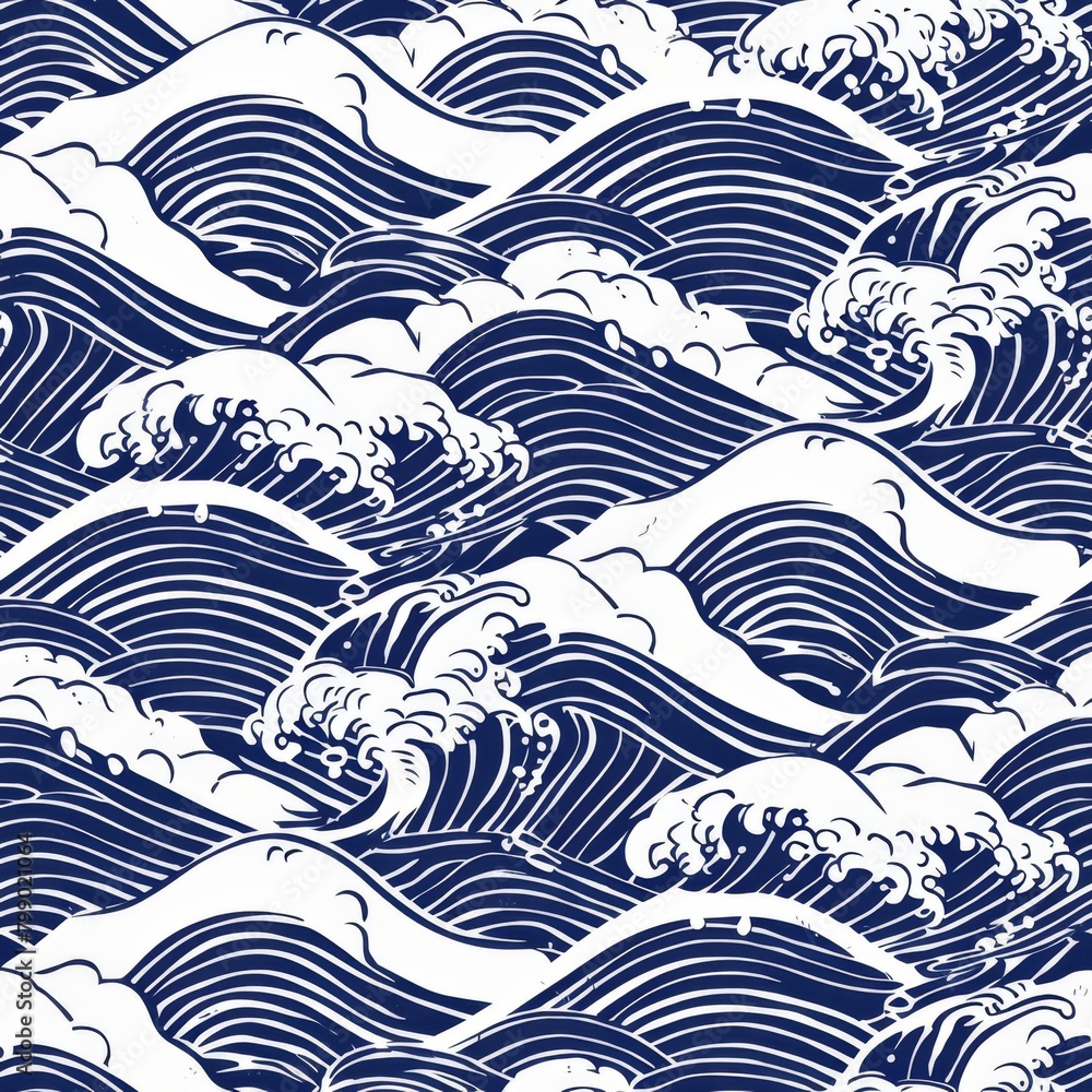 Traditional Japanese wave pattern in indigo and white, creating a dynamic and elegant seamless design inspired by classic woodblock prints, ideal for textiles and cultural themes.