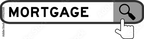 Search banner in word mortgage with hand over magnifier icon on white background