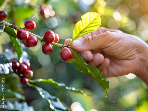 Sunlight filters through lush foliage as a hand gently selects the ripest coffee cherries, a crucial moment that defines the essence of coffee quality from farm to cup. photo