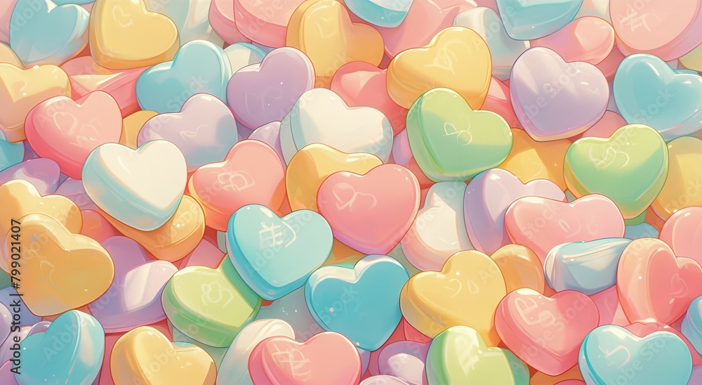 A large pile of colorful heart shaped candy i