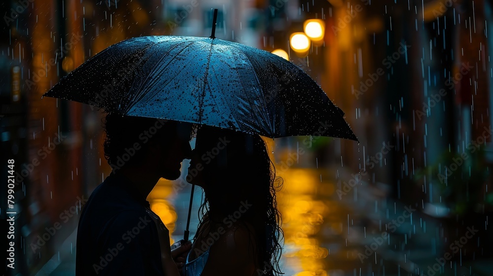 A silhouette of a couple sharing a tender moment under an umbrella on a rainy evening, with the golden glow of street lights creating a warm and intimate atmosphere.