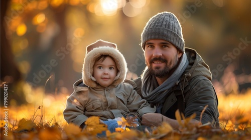 A man who is a father with his child. A cute child wearing a hat. Cold weather.