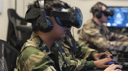Military personnel clad in camouflage are immersed in a virtual reality training simulation, honing their cyber defense skills. strategic planning, digital security.