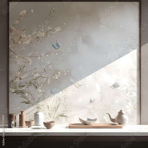 Vibrant Marble Wall with Artistic Butterfly Silhouette and Traditional Japanese Floral Design
