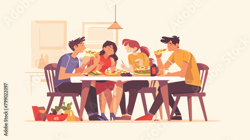 Men friends eating pizza together sitting at table