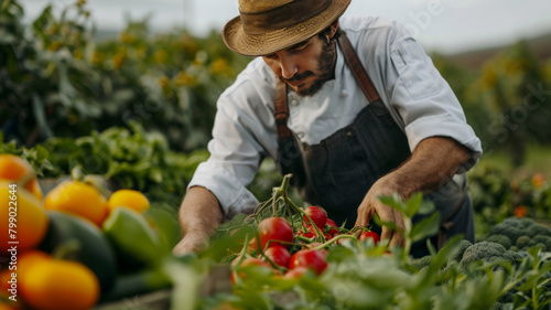 Chef harvesting fresh vegetables on a farm photo