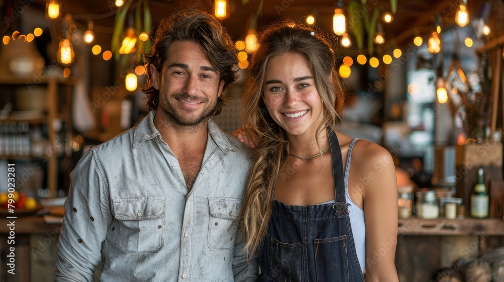 A man and a woman are standing in a restaurant. The man is wearing a light blue shirt and the woman is wearing a blue apron over a white shirt. They are both smiling.