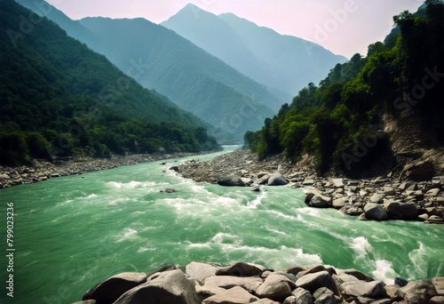 mountain and River green view Water Summer Nature Landscape 
