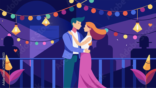 Couples dancing on their balconies as the mesmerizing colorful lights create a romantic backdrop for their celebration.. Vector illustration