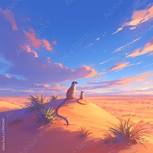 Mesmerizing Dusk Desert Tableau with Two Meerkats Enjoying a Stunning Vivid Sunset, Perfect for Travel and Nature-Lovers' Collections