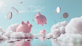In a surreal sky setting, piggy banks are playfully filled with coins from a digital cloud, symbolizing innovative cloud banking solutions and effortless investments in the era of digital finance.