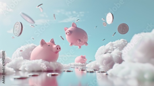 In a surreal sky setting, piggy banks are playfully filled with coins from a digital cloud, symbolizing innovative cloud banking solutions and effortless investments in the era of digital finance. photo