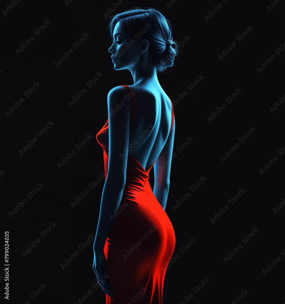 woman in a red dress with a low back is shown from the shoulders down in a blue light against a black background. - obrazy, fototapety, plakaty 