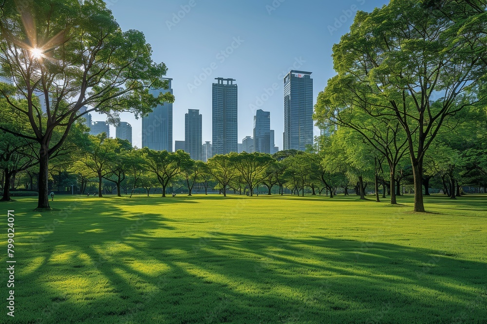 A park with green grass and trees with a city in the background