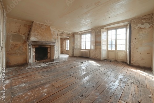 A photo of an abandoned room with a fireplace and large windows.