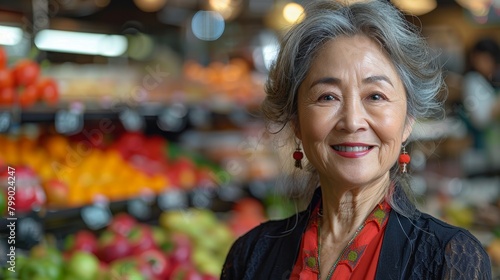 A photo of an Asian elderly woman smiling in a grocery store.
