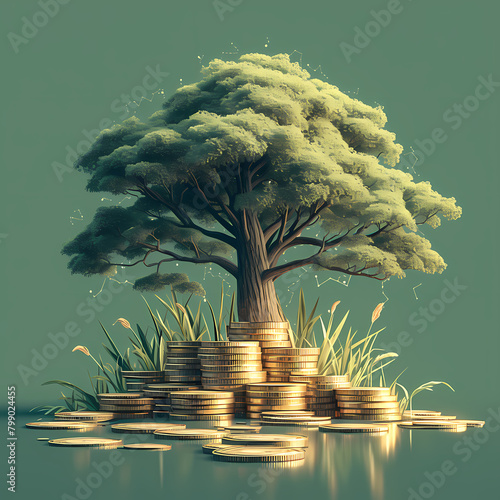 Emerging from a bed of gold coins, a majestic tree symbolizes wealth, prosperity, and the potential for growth in this visually striking stock image. photo