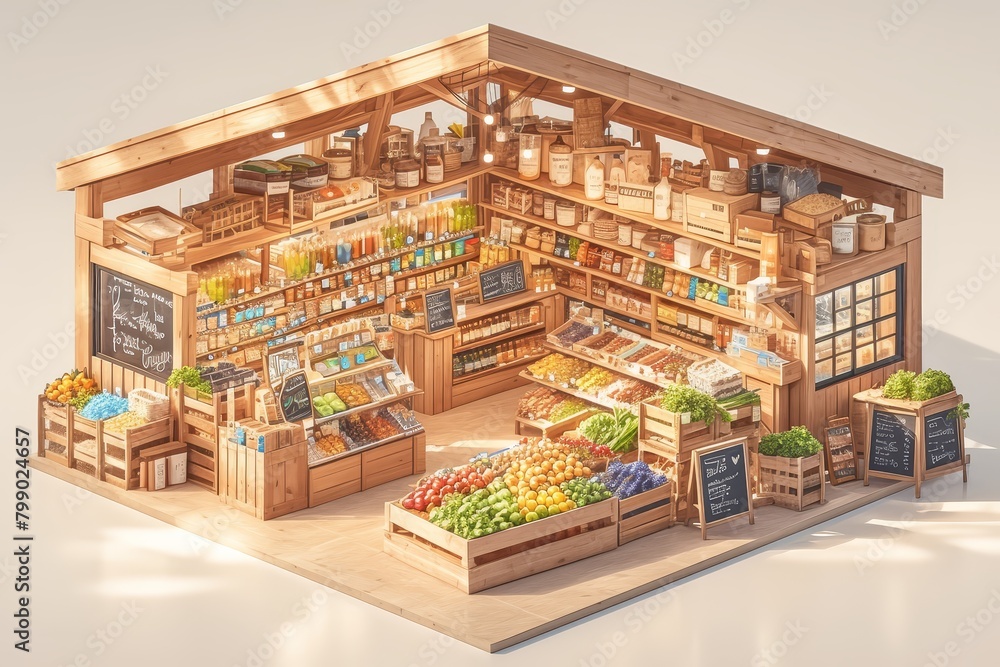 Stand with shelves displaying grocery products , with wood-colored shelves, fruits and vegetables on the ground floor