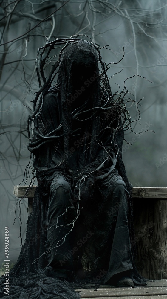 Transform a birdseye view bench into a sinister ghostly figure draped in ethereal mist, with twisted branches for arms and a shadowy, haunting presence Utilize a dark color palette to evoke fear - obrazy, fototapety, plakaty 