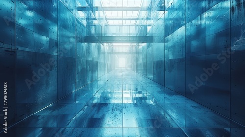   A long hallway bathed in blue light from its central source, where a solitary figure sits on a bench photo