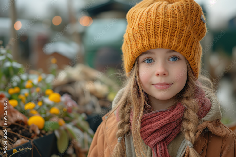 Young girl in yellow hat and scarf by compost bins, fresh organic farm produce sustainability Young girl in yellow hat and scarf by compost bins, fresh organic farm produce sustainability