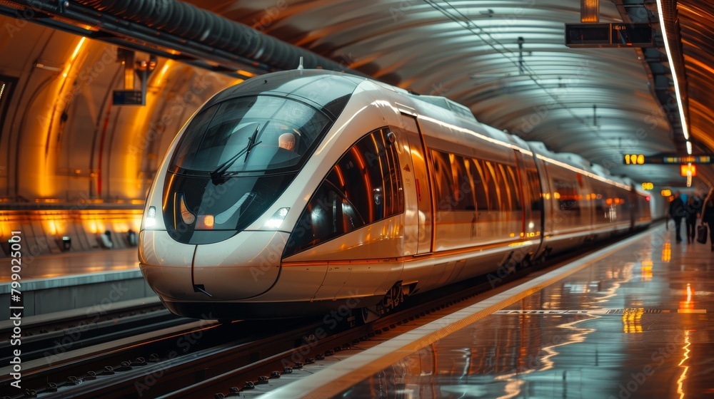 Naklejka premium A sleek and futuristic train is shown in a modern station.