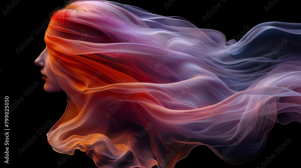 A woman's face depicted with swirling red, orange, and blue smoke emanating from it A woman's face depicted with swirling red, orange, and blue smoke emanating from it
