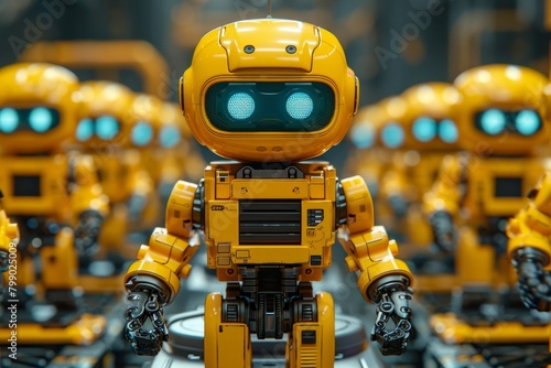 A small yellow robot with blue eyes stands in front of a group of similar robots. photo