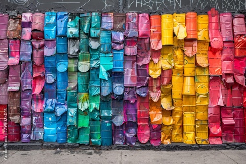 A wall of multicolored barrels cut in half and arranged in a staggered pattern. photo