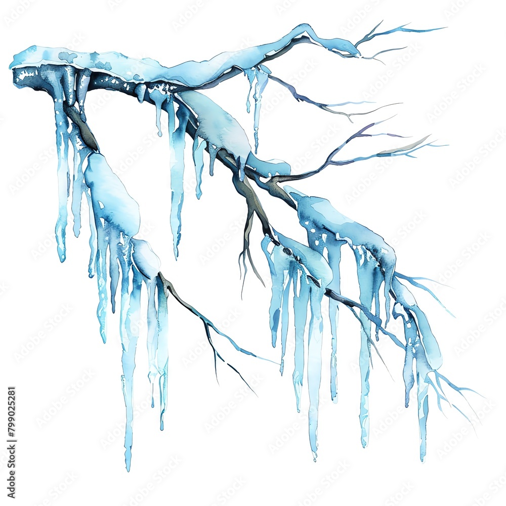 A watercolor depiction of a frosty winter morning, with icicles hanging from branches and a pale, icy blue sky, isolated on a white background - obrazy, fototapety, plakaty 