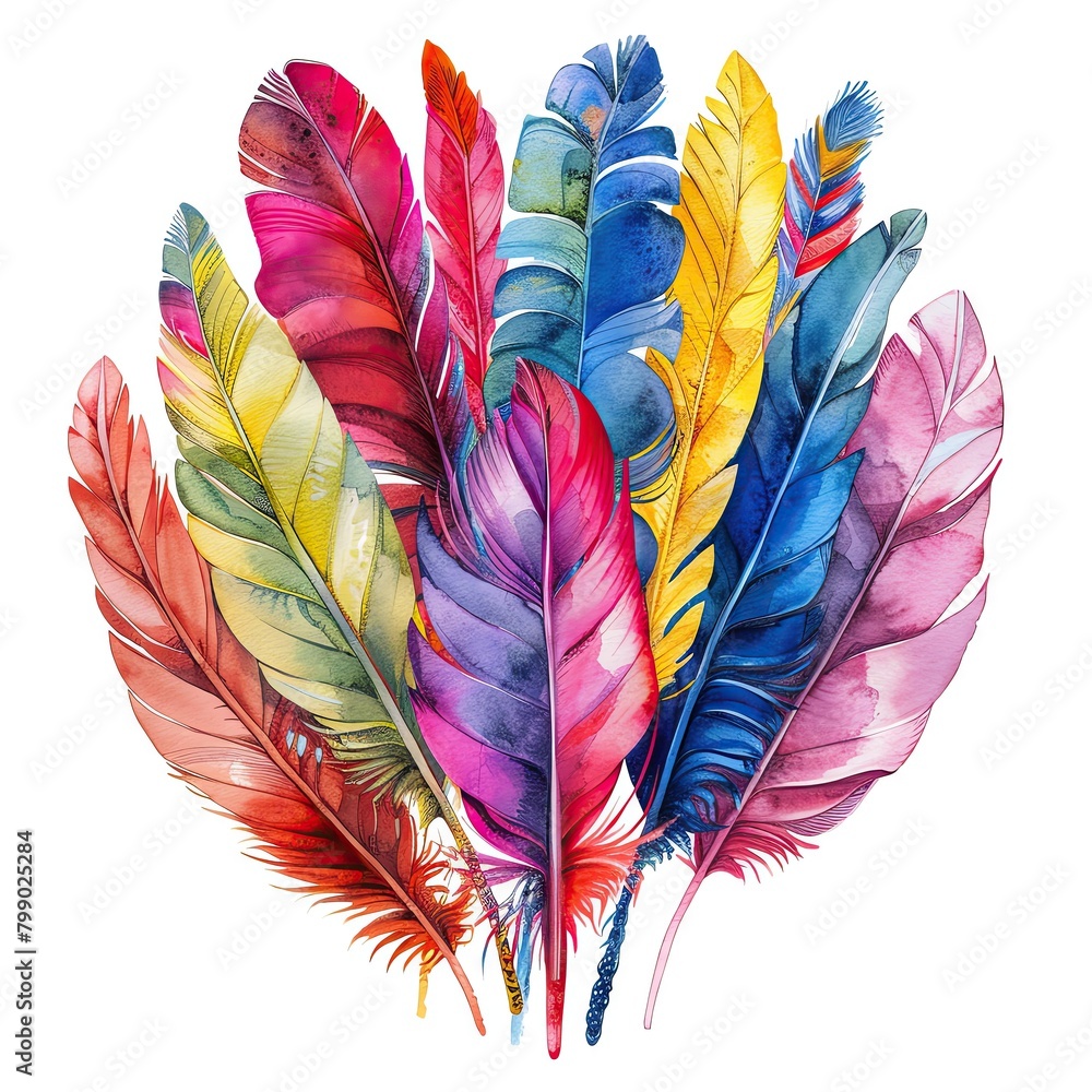 A vibrant watercolor painting of assorted tropical bird feathers, featuring bright and bold colors, isolated on a white background - obrazy, fototapety, plakaty 
