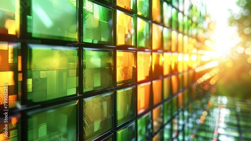  A sunlit close-up of various hued glass blocks forming a wall