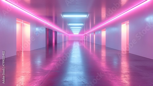  A long hallway flanked by pink neon lights, with a white wall opposite