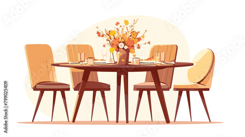 Modern chairs at wooden round table with flower bou photo