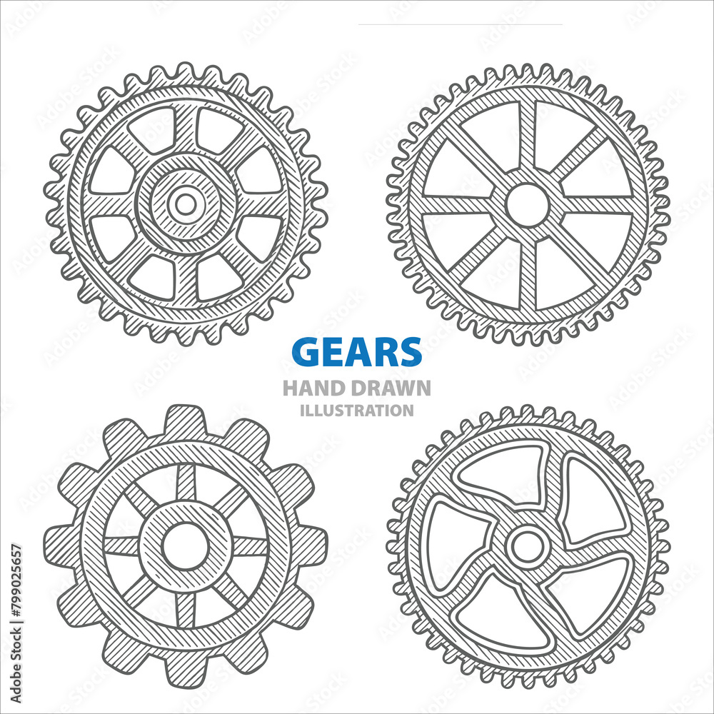 Gears hand drawn illustrations set. Different gears sketch drawing. Gears graphics vector collection. Gears hand drawn illustrations set. Different gears sketch drawing. Gears graphics vector collection.