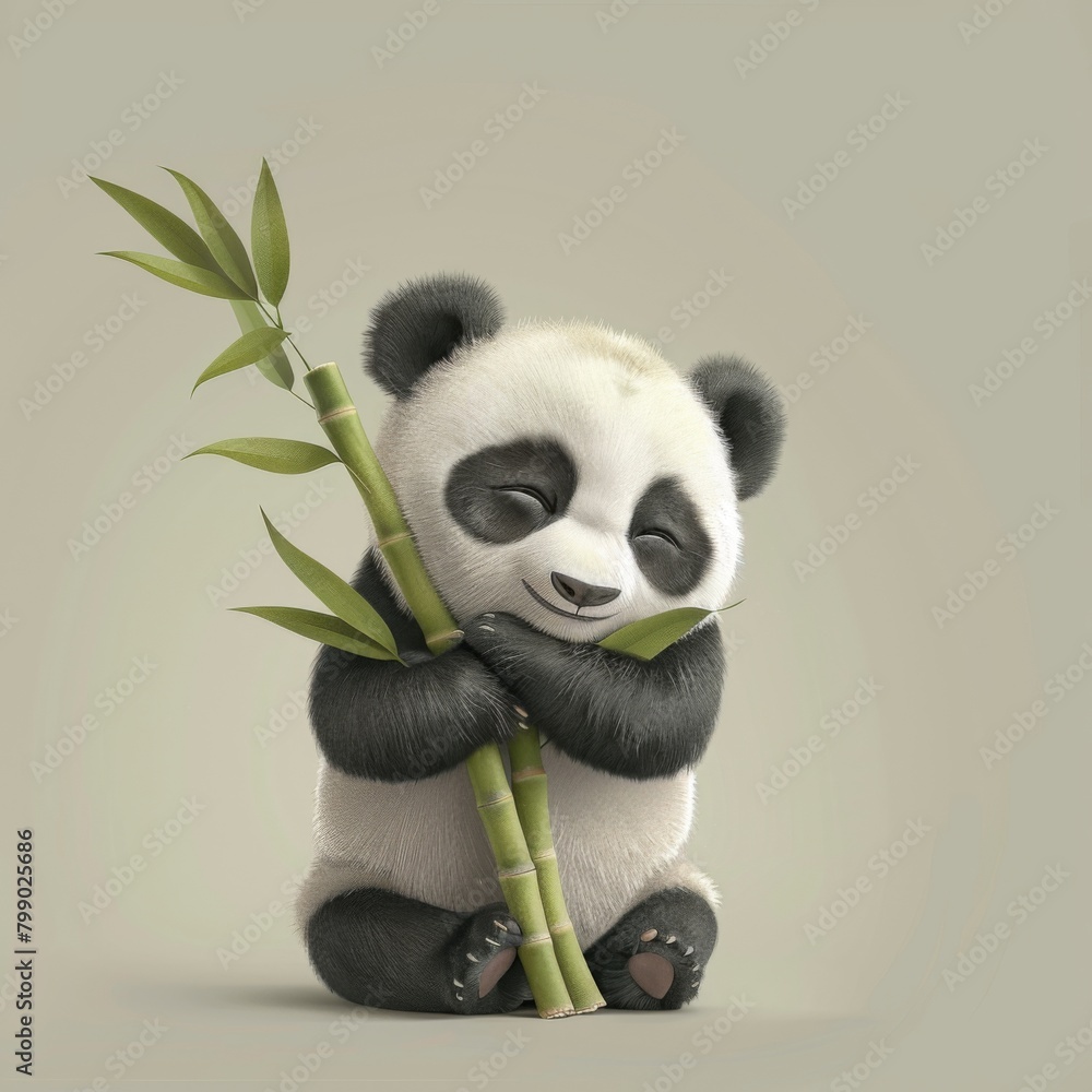 Content Panda Cub Hugging a Bamboo Shoot with Pure Joy. In a tender moment, a panda cub tightly embraces a bamboo shoot, capturing the simple joys of nature and the essence of contentment.
