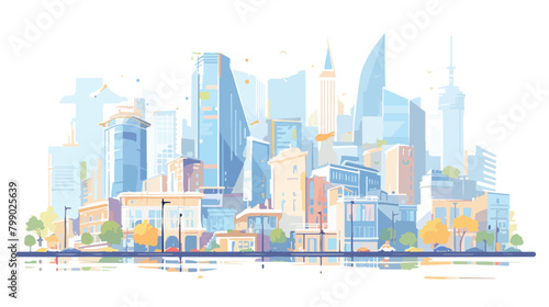 Modern cityscape with various buildings. Linear col