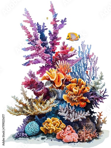An artistic watercolor depiction of a coral reef, showcasing a variety of corals and small fish in bright, lively colors, isolated on a white background