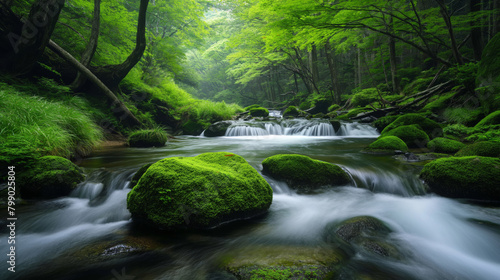 Lush greenery and gentle water flow in a mystical forest scene, evoking peace and the timeless beauty of nature