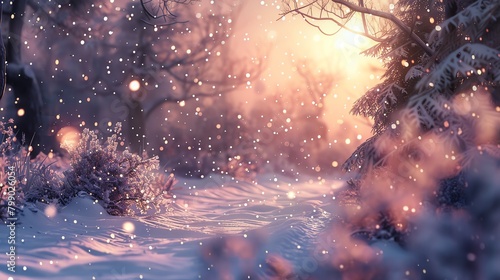 Snowflakes falling gently, serene winter scene, twilight, wideangle photo