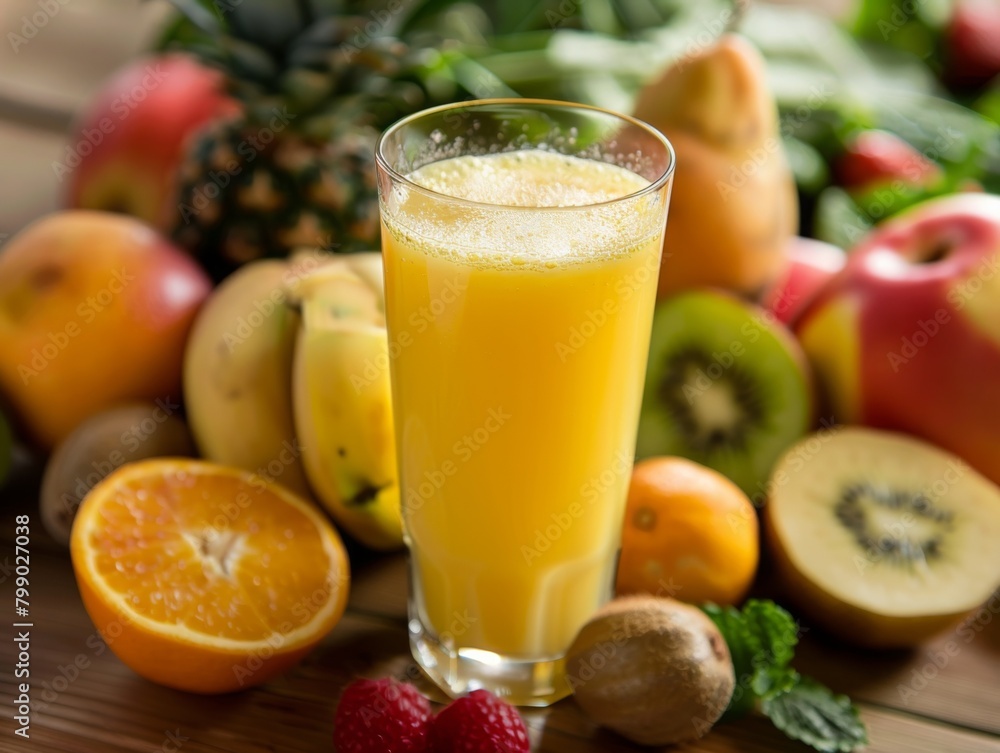 A vibrant glass of freshly squeezed tropical juice, framed by a medley of citrus fruits and bananas, offers a refreshing burst of vitamins on a marble backdrop. A vibrant glass of freshly squeezed tropical juice, framed by a medley of citrus fruits and bananas, offers a refreshing burst of vitamins on a marble backdrop.
