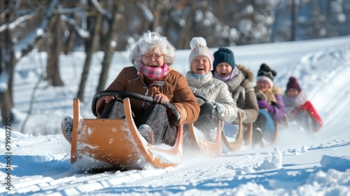 Laughter echoes through the air as a group of spirited seniors enjoy a high-speed sled ride down a snowy hill, embracing winter's joy and youthfulness.