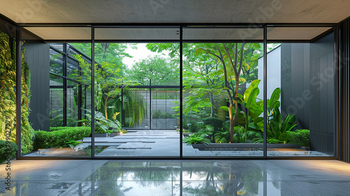 A modern glass door reflecting the lush garden surroundings.