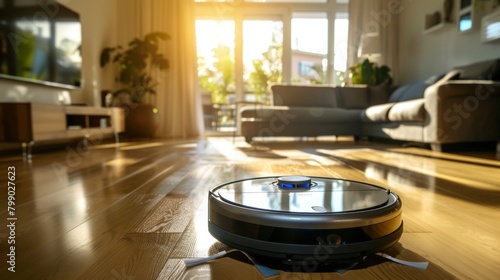 A robotic assistant diligently tidies a sunlit modern home, epitomizing the convenience and efficiency of smart living technology for a hassle-free lifestyle. photo