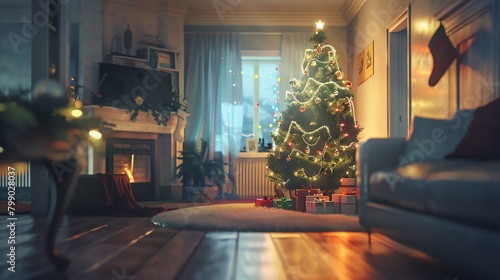 Christmas tree in cozy living room, twinkling lights, evening, wideangle photo