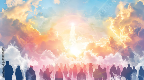 Illustration of God's people waiting in the clouds of heaven for the glorious majesty of Jesus Christ to return photo