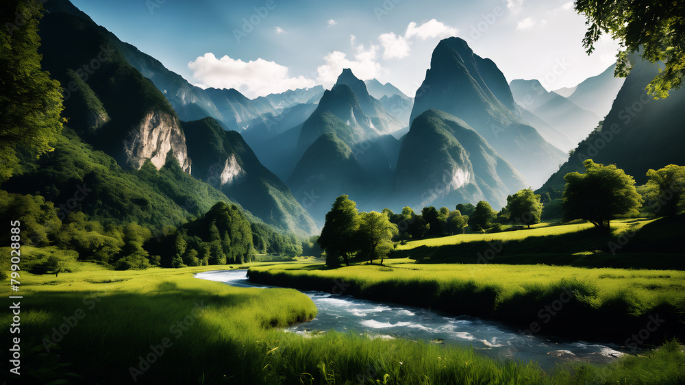 A tranquil river meandering through a picturesque valley, flanked by towering mountains and lush greenery