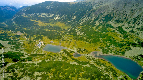 Mountain lakes from a drone aerial photography. The highest peak Musala in the Balkans in Bulgaria, height 2925 meters. Mountain lakes, mountain huts and the spirit of travel