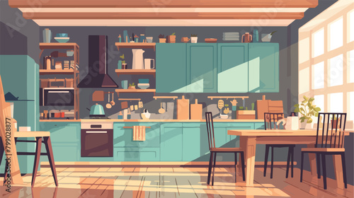 Modern kitchen interior in loft style. Colorful fla photo