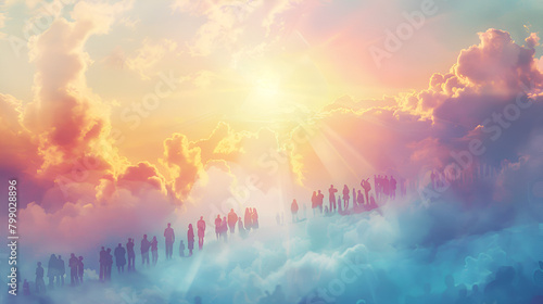 Illustration of God's people waiting in the clouds of heaven for the glorious majesty of Jesus Christ to return photo